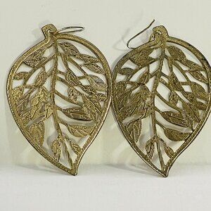 Gold Tone Leaf Filigree Drop Earrings Botanical Openwork Statement